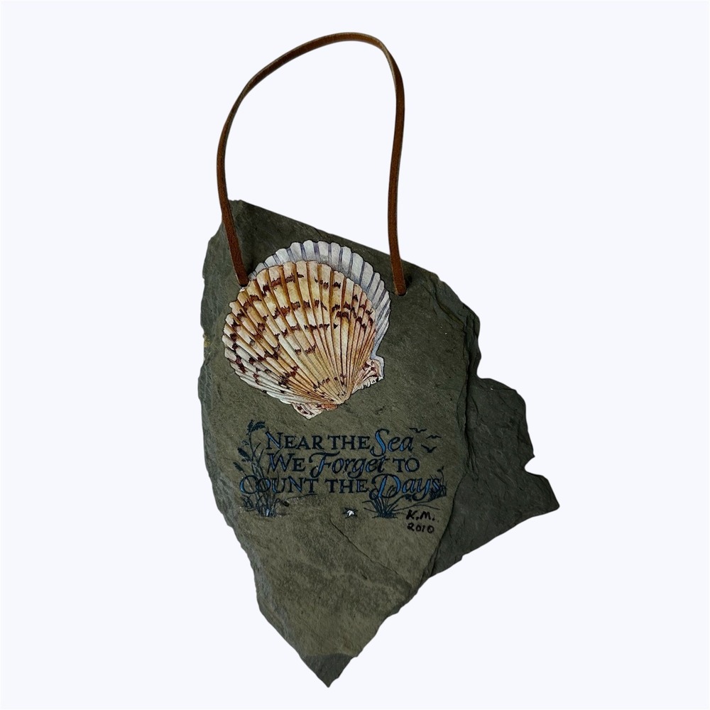 Seashell Slate Hanging Wall Art Near the Sea Quote Signed 2010 Beach House Decor
